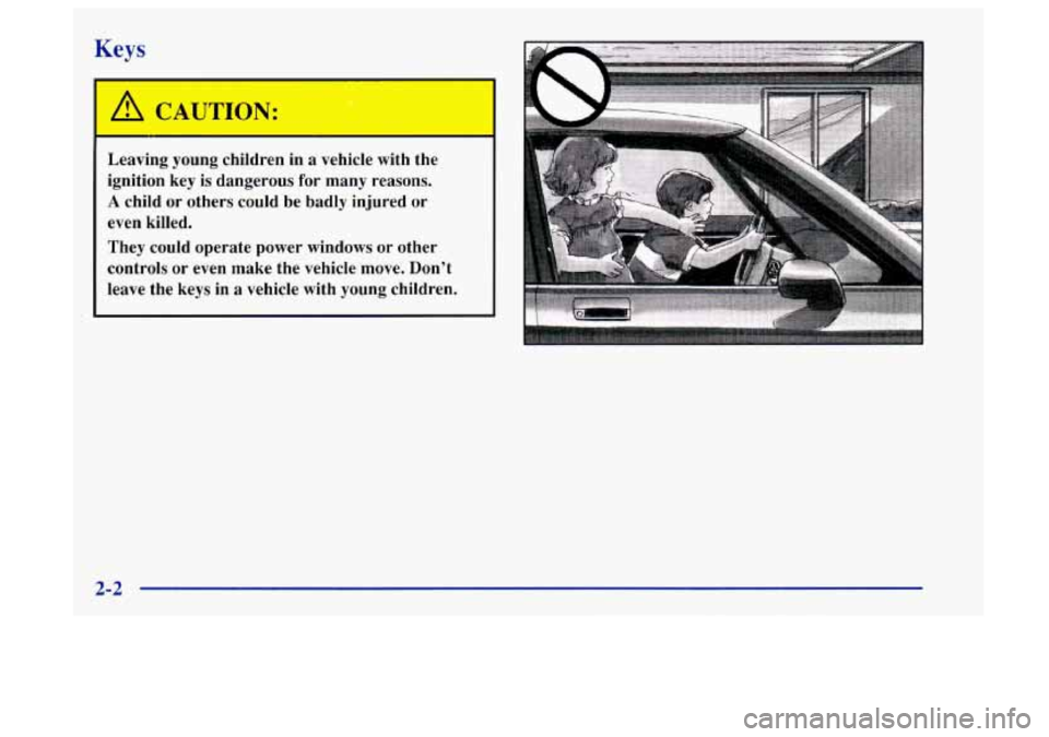 Oldsmobile Aurora 1997  s Workshop Manual Keys 
/! CAUTION: 
Leaving  young  children  in  a  vehicle  with  the ignition  key  is  dangerous  for  many  reasons. 
A child  or  others  could  be  badly  injured  or 
even  killed. 
They  could