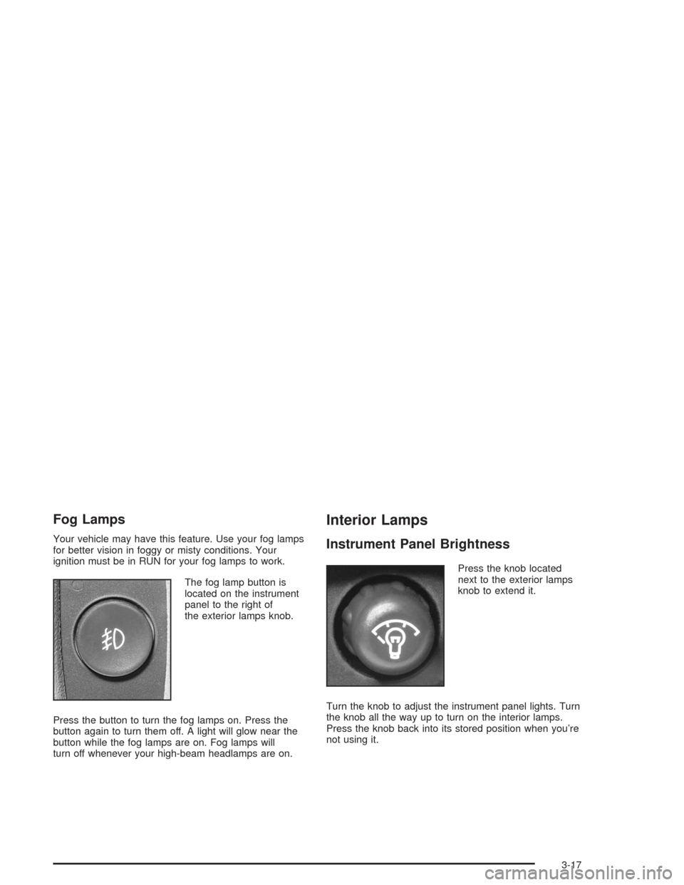 Oldsmobile Bravada 2004  Owners Manuals Fog Lamps
Your vehicle may have this feature. Use your fog lamps
for better vision in foggy or misty conditions. Your
ignition must be in RUN for your fog lamps to work.
The fog lamp button is
located