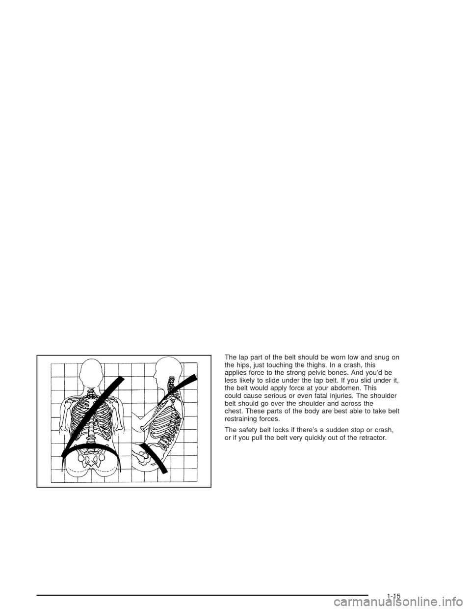Oldsmobile Bravada 2004  s Owners Guide The lap part of the belt should be worn low and snug on
the hips, just touching the thighs. In a crash, this
applies force to the strong pelvic bones. And you’d be
less likely to slide under the lap