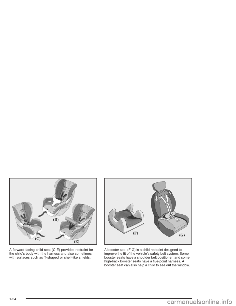 Oldsmobile Bravada 2004  s Owners Guide A forward-facing child seat (C-E) provides restraint for
the child’s body with the harness and also sometimes
with surfaces such as T-shaped or shelf-like shields.A booster seat (F-G) is a child res