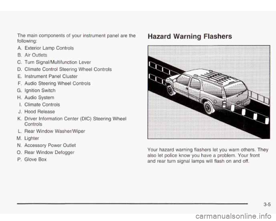 Oldsmobile Bravada 2003  Owners Manuals The main components  of your  instrument panel are the 
following: 
A.  Exterior  Lamp Controls 
B.  Air  Outlets 
C.  Turn Signal/Multifunction  Lever 
D. Climate Control Steering Wheel  Controls 
E.