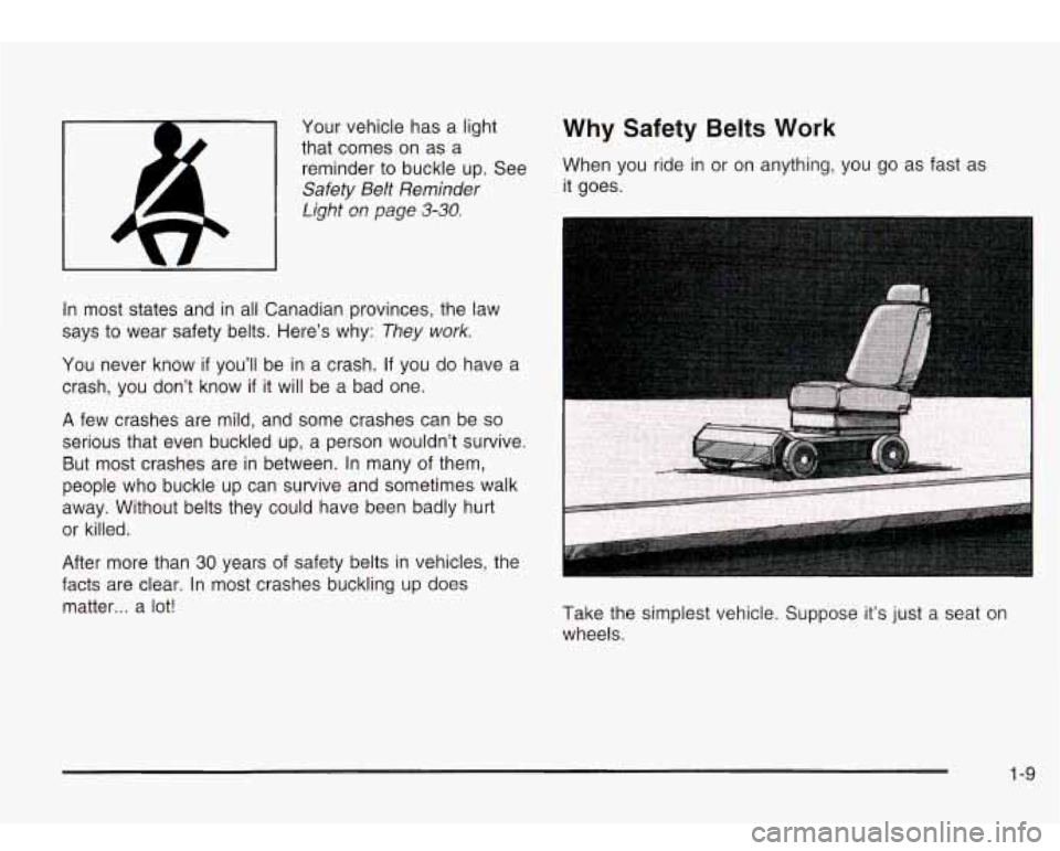 Oldsmobile Bravada 2003  Owners Manuals In most  states  and in all Canadian  provinces, the  law 
says  to  wear safety  belts.  Here’s why: 
They  work. 
You  never  know if you’ll be in a  crash. If you  do  have  a 
crash,  you  don
