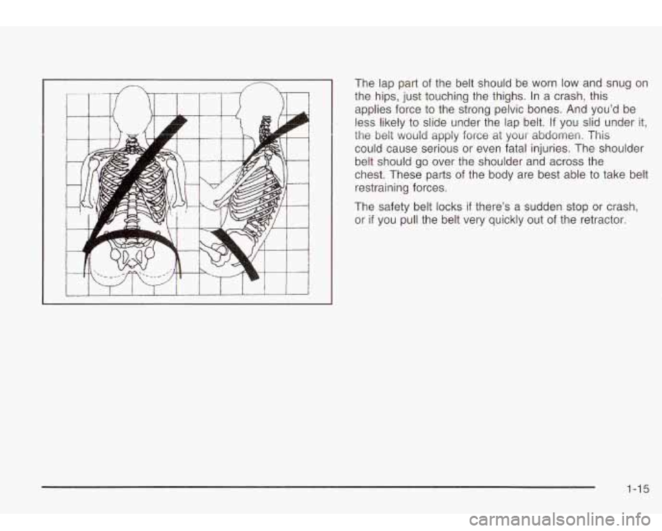 Oldsmobile Bravada 2003  s Owners Guide The lap part  of the  belt  should  be worn low and  snug on 
the  hips, just  touching the  thighs. In a  crash,  this 
applies force  to the  strong  pelvic bones.  And  you’d  be 
less  likely to