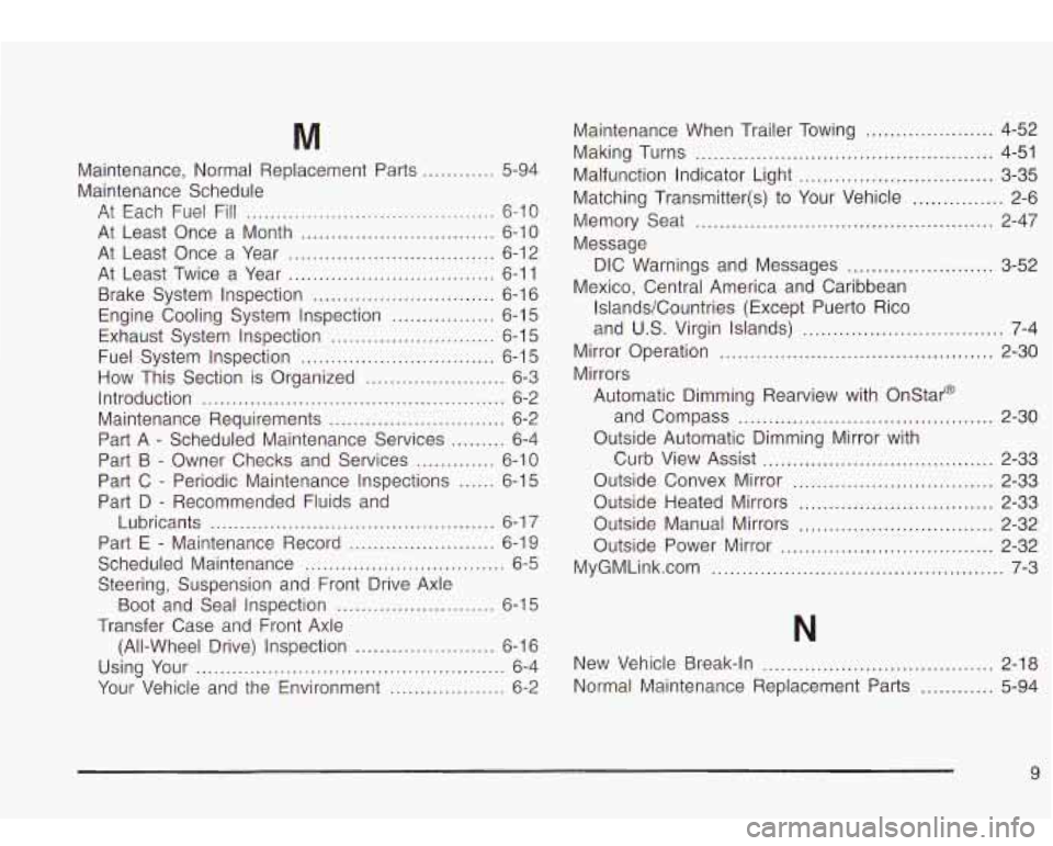 Oldsmobile Bravada 2003  Owners Manuals M 
Maintenance. Normal  Replacement  Parts ............ 5-94 
Maintenance  Schedule 
At  Each  Fuel  Fill 
......................................... 6-10 
At  Least  Once  a  Month 
..................