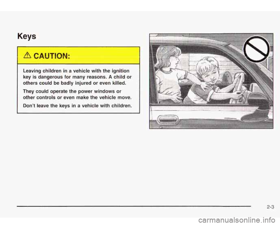 Oldsmobile Bravada 2003  s Repair Manual Keys 
Leaving  children  in  a  vehicle  with  the  ignition 
key  is  dangerous  for many  reasons. 
A child or 
others  could  be badly  injured  or  even killed. 
They  could  operate  the  power  