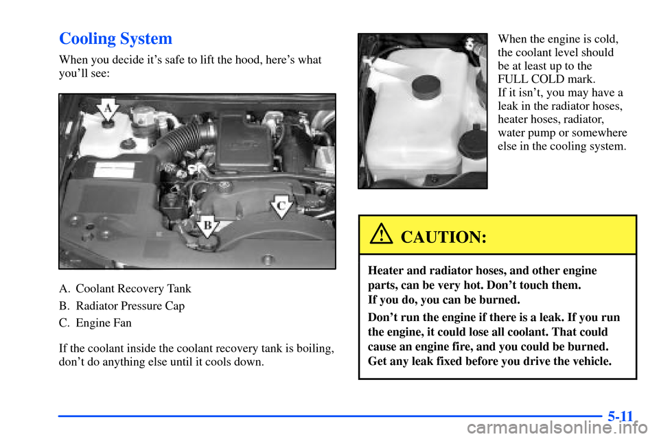 Oldsmobile Bravada 2002  Owners Manuals 5-11
Cooling System
When you decide its safe to lift the hood, heres what
youll see:
A. Coolant Recovery Tank
B. Radiator Pressure Cap
C. Engine Fan
If the coolant inside the coolant recovery tank 