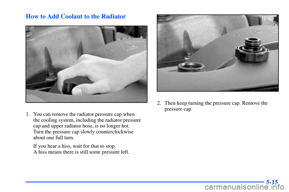 Oldsmobile Bravada 2002  Owners Manuals 5-15 How to Add Coolant to the Radiator
1. You can remove the radiator pressure cap when 
the cooling system, including the radiator pressure
cap and upper radiator hose, is no longer hot. 
Turn the p