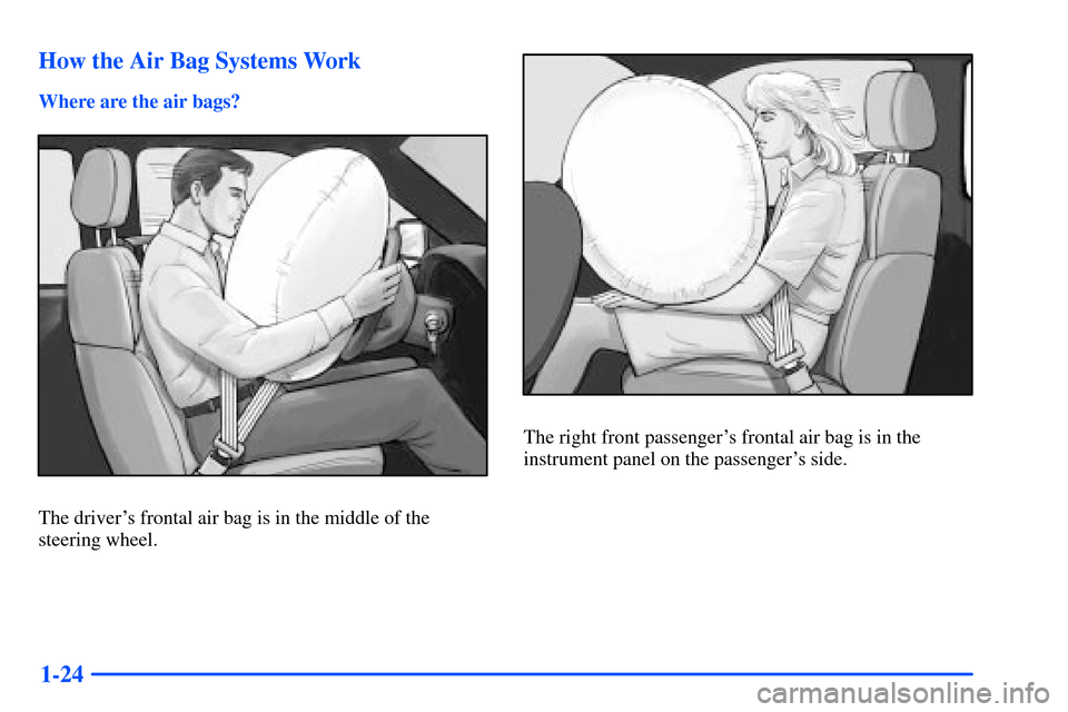 Oldsmobile Bravada 2002  Owners Manuals 1-24 How the Air Bag Systems Work
Where are the air bags?
The drivers frontal air bag is in the middle of the
steering wheel.
The right front passengers frontal air bag is in the
instrument panel on