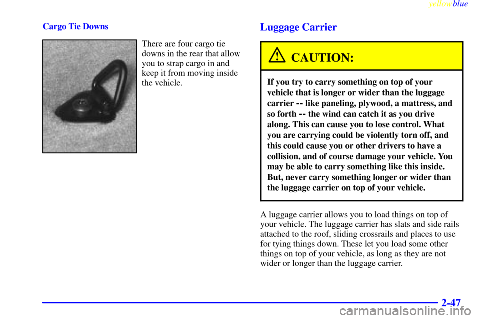 Oldsmobile Bravada 1999  Owners Manuals yellowblue     
2-47
Cargo Tie Downs
There are four cargo tie
downs in the rear that allow
you to strap cargo in and
keep it from moving inside
the vehicle.
Luggage Carrier
CAUTION:
If you try to carr