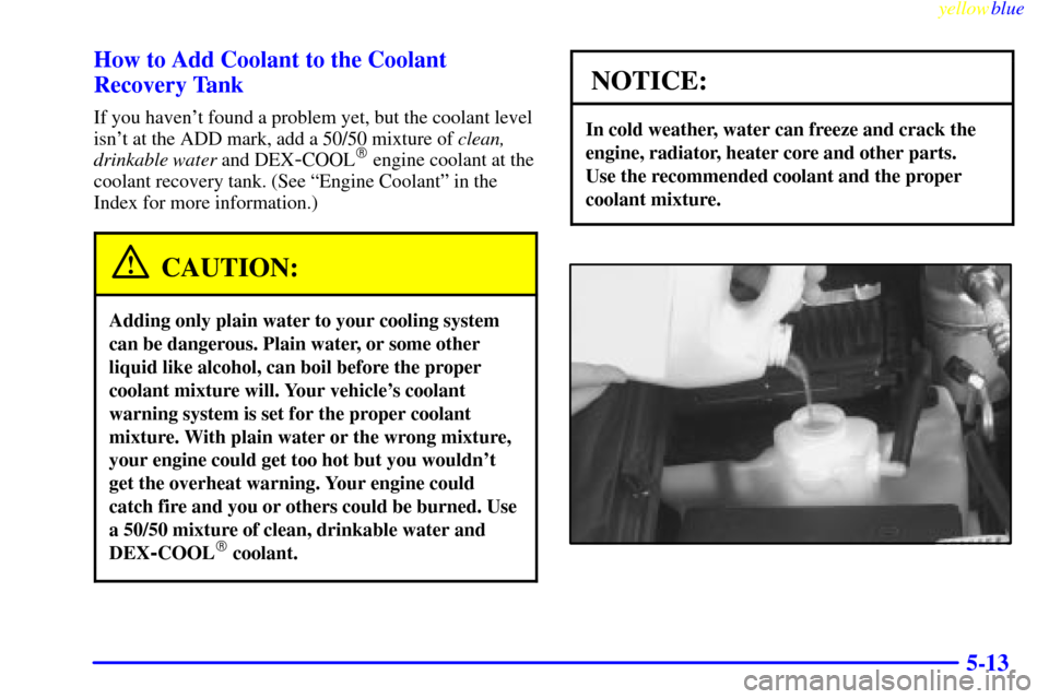 Oldsmobile Bravada 1999  Owners Manuals yellowblue     
5-13 How to Add Coolant to the Coolant
Recovery Tank
If you havent found a problem yet, but the coolant level
isnt at the ADD mark, add a 50/50 mixture of clean,
drinkable water and 
