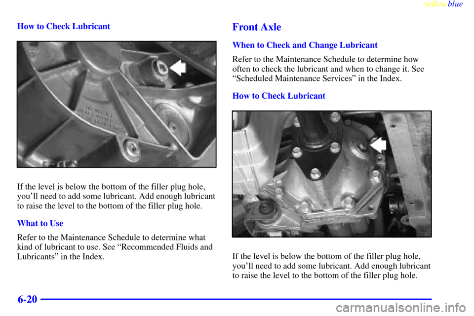 Oldsmobile Bravada 1999  Owners Manuals yellowblue     
6-20
How to Check Lubricant
If the level is below the bottom of the filler plug hole,
youll need to add some lubricant. Add enough lubricant
to raise the level to the bottom of the fi