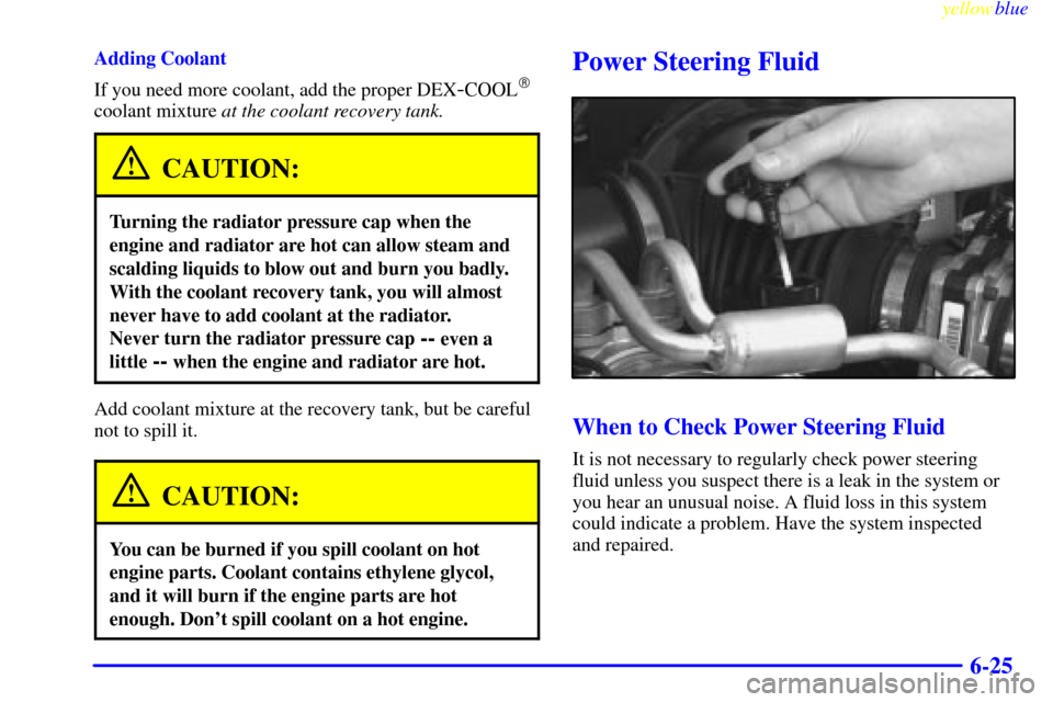 Oldsmobile Bravada 1999  Owners Manuals yellowblue     
6-25
Adding Coolant
If you need more coolant, add the proper DEX
-COOL
coolant mixture at the coolant recovery tank.
CAUTION:
Turning the radiator pressure cap when the
engine and rad