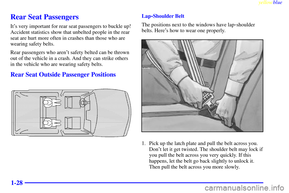 Oldsmobile Bravada 1999  Owners Manuals yellowblue     
1-28
Rear Seat Passengers
Its very important for rear seat passengers to buckle up!
Accident statistics show that unbelted people in the rear
seat are hurt more often in crashes than 