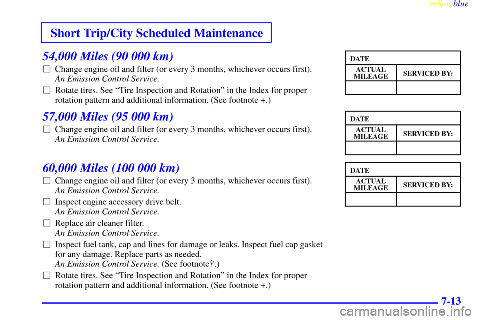 Oldsmobile Cutlass 1999  Owners Manuals Short Trip/City Scheduled Maintenance
yellowblue     
7-13
54,000 Miles (90 000 km)
Change engine oil and filter (or every 3 months, whichever occurs first).
An Emission Control Service. 
Rotate tir