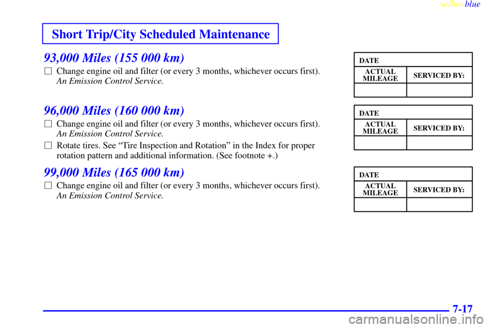 Oldsmobile Cutlass 1999  Owners Manuals Short Trip/City Scheduled Maintenance
yellowblue     
7-17
93,000 Miles (155 000 km)
Change engine oil and filter (or every 3 months, whichever occurs first). 
An Emission Control Service. 
96,000 Mi