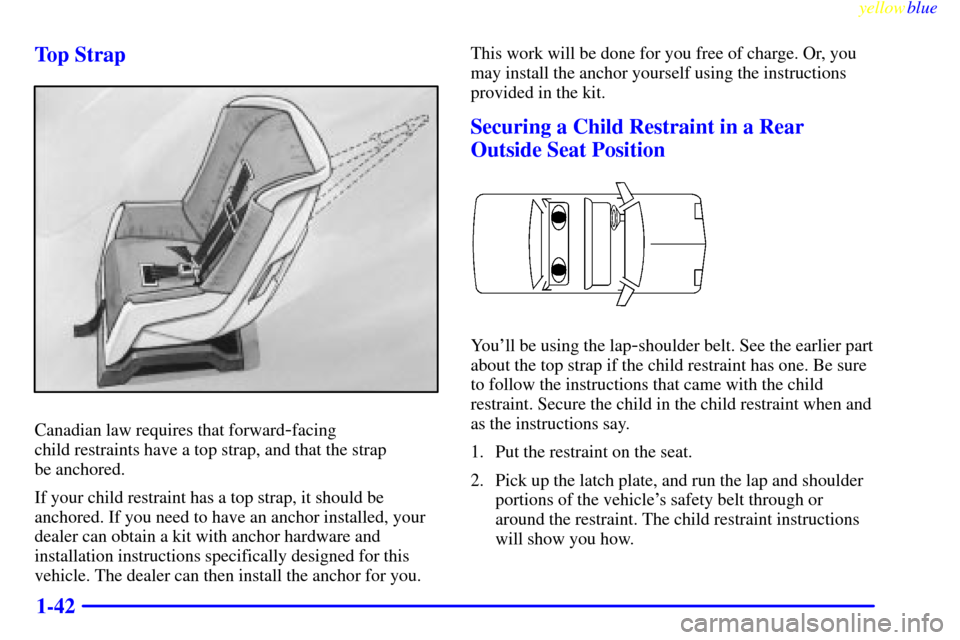 Oldsmobile Cutlass 1999  s Service Manual yellowblue     
1-42 Top Strap
Canadian law requires that forward-facing 
child restraints have a top strap, and that the strap 
be anchored.
If your child restraint has a top strap, it should be
anch