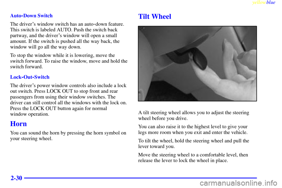 Oldsmobile Cutlass 1999  s Manual Online yellowblue     
2-30
Auto-Down Switch
The drivers window switch has an auto
-down feature.
This switch is labeled AUTO. Push the switch back
partway, and the drivers window will open a small
amount.