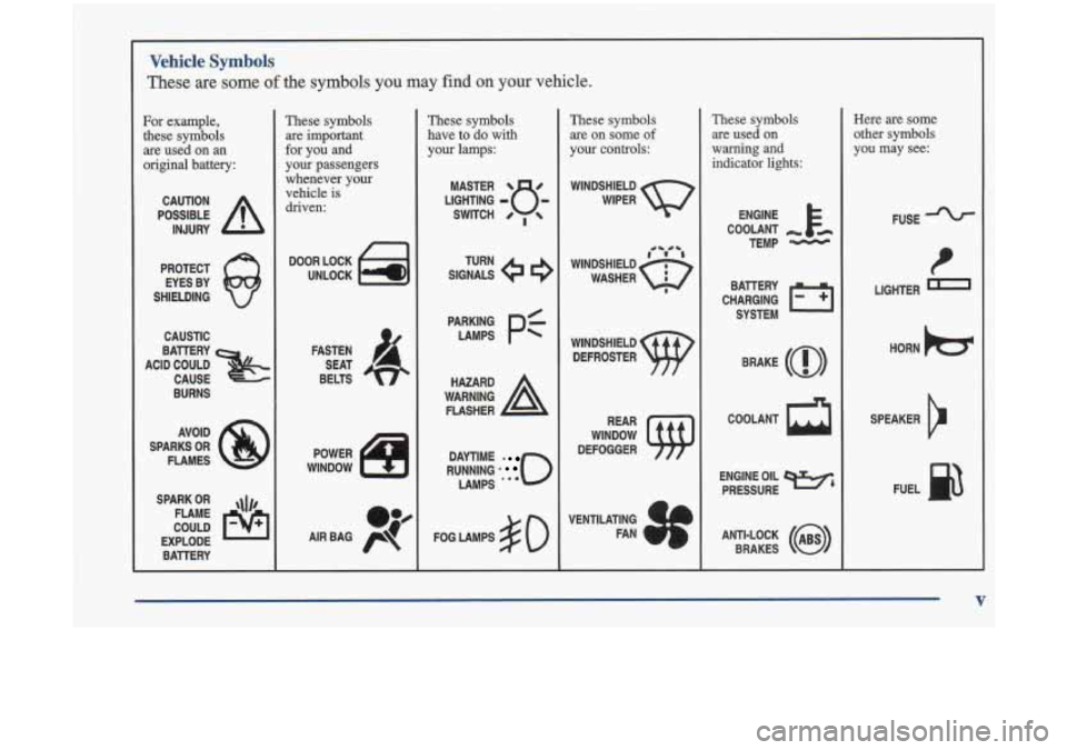 Oldsmobile Cutlass 1998  s User Guide Vehicle Symbols 
These are some of the symbols  you may find on your vehicle. 
For  example, 
these  symbols  are  used  on  an 
original  battery: 
POSSIBLE A 
CAUTION 
INJURY 
PROTECT  EYESBY 
@ 
SH