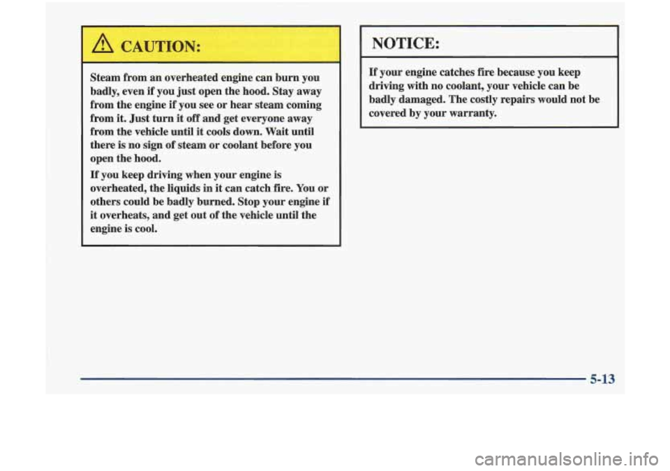 Oldsmobile Cutlass 1998  s Service Manual Steam from an overheated  engine  can burn  you 
badly,  even  if  you  just open  the hood.  Stay  away 
from the engine if you  see or hear  steam  coming 
from  it. Just  turn  it  off and  get  ev