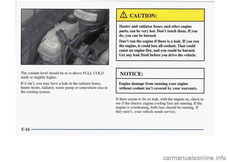 Oldsmobile Cutlass 1998  s Service Manual The coalant level should be at or  above FULL COLD 
m-ark .or slightly higher. 
If it isn’t, you may have a leak in the  radiator  hoses, 
heater  hoses,  radiator,  water 
pump or somewhere  else i