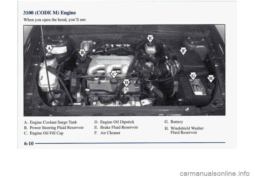 Oldsmobile Cutlass 1998  Owners Manuals A. Engine  Coolant  Surge  Tank D. 
Engine  Oil  Dipstick 
B. Power  Steering  Fluid  Reservoir  E.  Brake  Fluid  Reservoir 
C. Engine  Oil  Fill  Cap F. 
Air  Cleaner 
G. Battery 
H. Windshield  Was