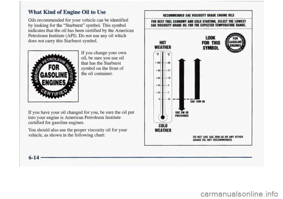 Oldsmobile Cutlass 1998 Owners Manuals What Kind of Engine Oil to Use
Oils recommended for your vehicle can be identified
by looking for the “Starburst” symbol. This symbol
indicates that the oil has been certifie Oldsmobile Cutlass 1998 Owners Manuals What Kind of Engine Oil to Use
Oils recommended for your vehicle can be identified
by looking for the “Starburst” symbol. This symbol
indicates that the oil has been certifie