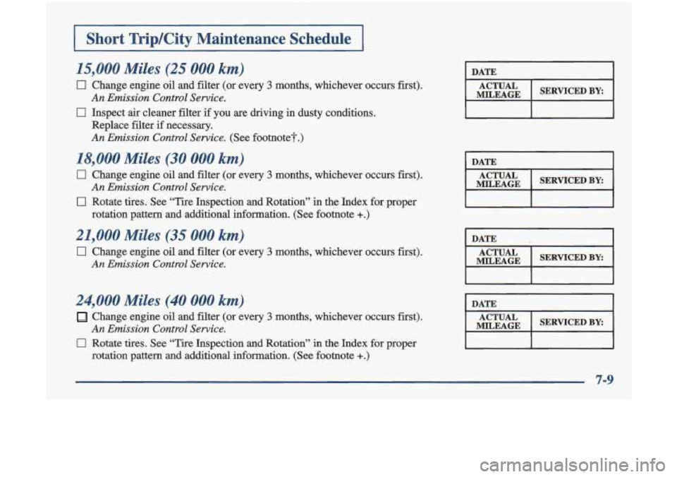 Oldsmobile Cutlass 1998 s Manual PDF I Short TripKity Maintenance Schedule I
15,000 Miles (25 000 km)
0 Change engine oil and filter (or every 3 months, whichever occurs first).
CI Inspect air cleaner filter if you are dri Oldsmobile Cutlass 1998 s Manual PDF I Short TripKity Maintenance Schedule I
15,000 Miles (25 000 km)
0 Change engine oil and filter (or every 3 months, whichever occurs first).
CI Inspect air cleaner filter if you are dri