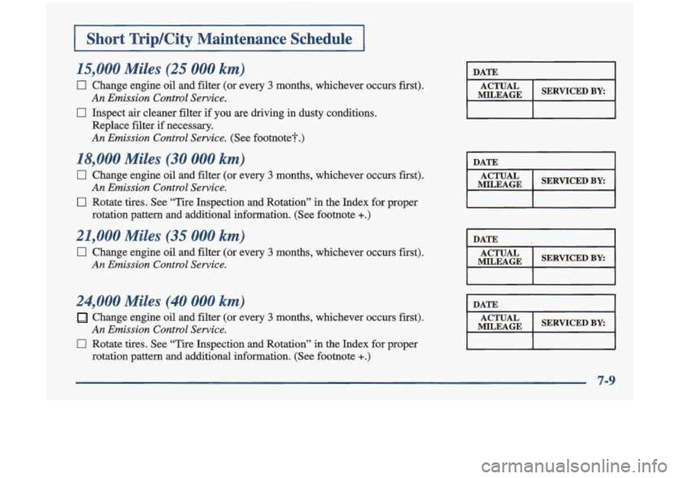 Oldsmobile Cutlass 1998  Owners Manuals I Short  TripKity  Maintenance  Schedule I 
15,000 Miles (25 000 km) 
0 Change  engine oil and  filter  (or  every 3 months,  whichever  occurs  first). 
CI Inspect air cleaner filter if you  are  dri