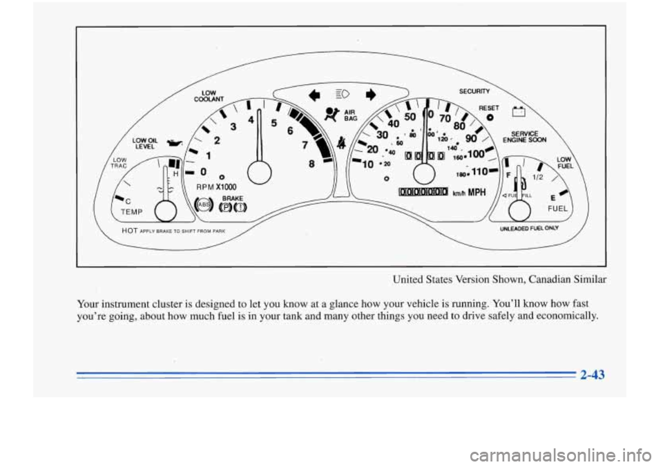 Oldsmobile Cutlass Supreme 1996  Owners Manuals United  States  Version  Shown,  Canadian  Similar 
Your  instrument  cluster  is designed  to  let you  know  at a  glance  how  your  vehicle 
is running.  You’ll  know  how  fast 
you’re  going