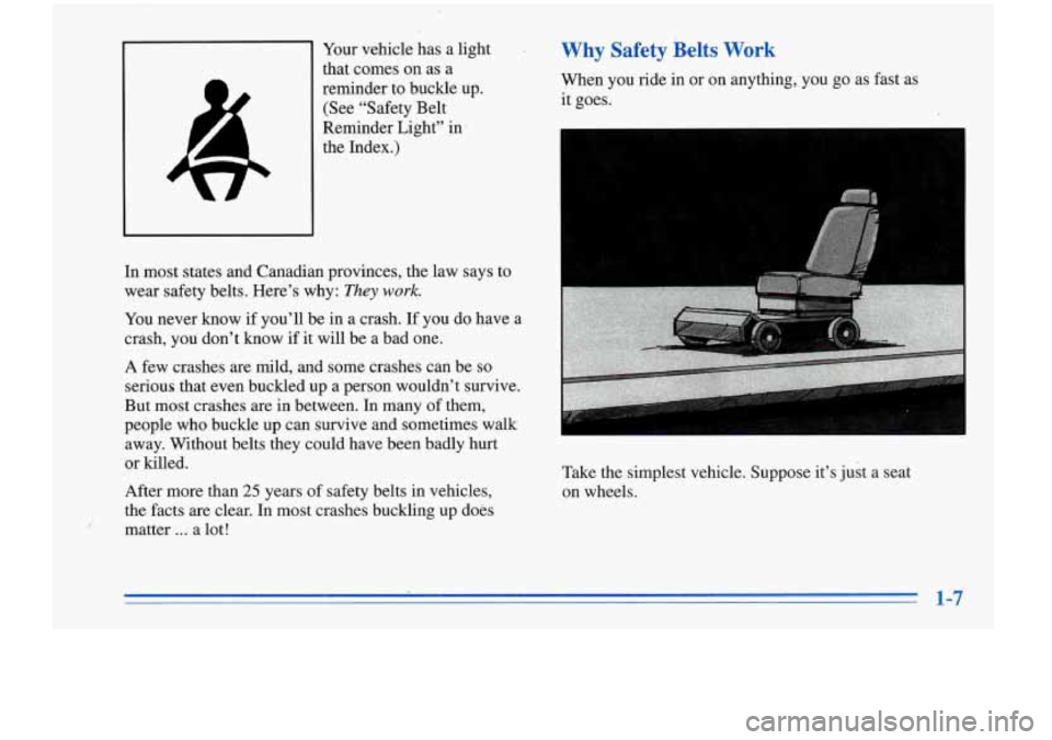 Oldsmobile Cutlass Supreme 1996  Owners Manuals Your vehicle  has a  light 
that  comes  on as  a 
reminder  to  buckle  up.  (See  “Safety  Belt 
Reminder  Light”  in 
the  Index.) 
In  most  states  and  Canadian  provinces,  the law  says  t