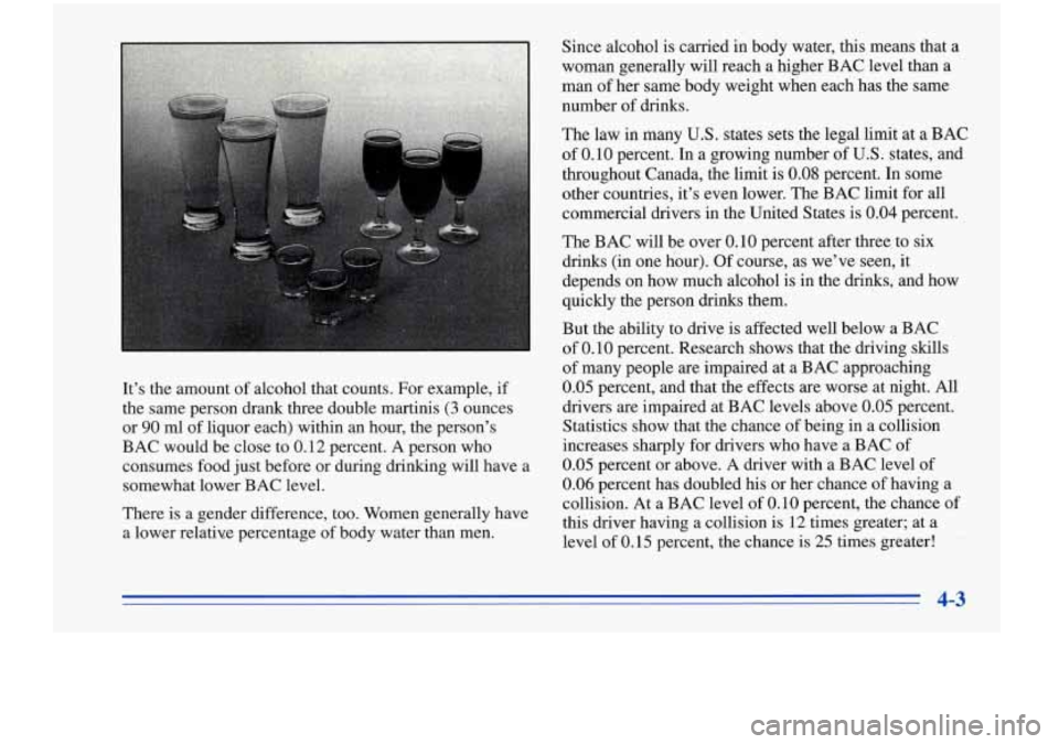 Oldsmobile Cutlass Supreme 1996  Owners Manuals It’s the amount  of alcohol that counts.  For example,  if 
the  same  person  drank  three  double martinis 
(3 ounces 
or 
90 ml  of liquor  each) within  an  hour, the person’s 
BAC  would  be 