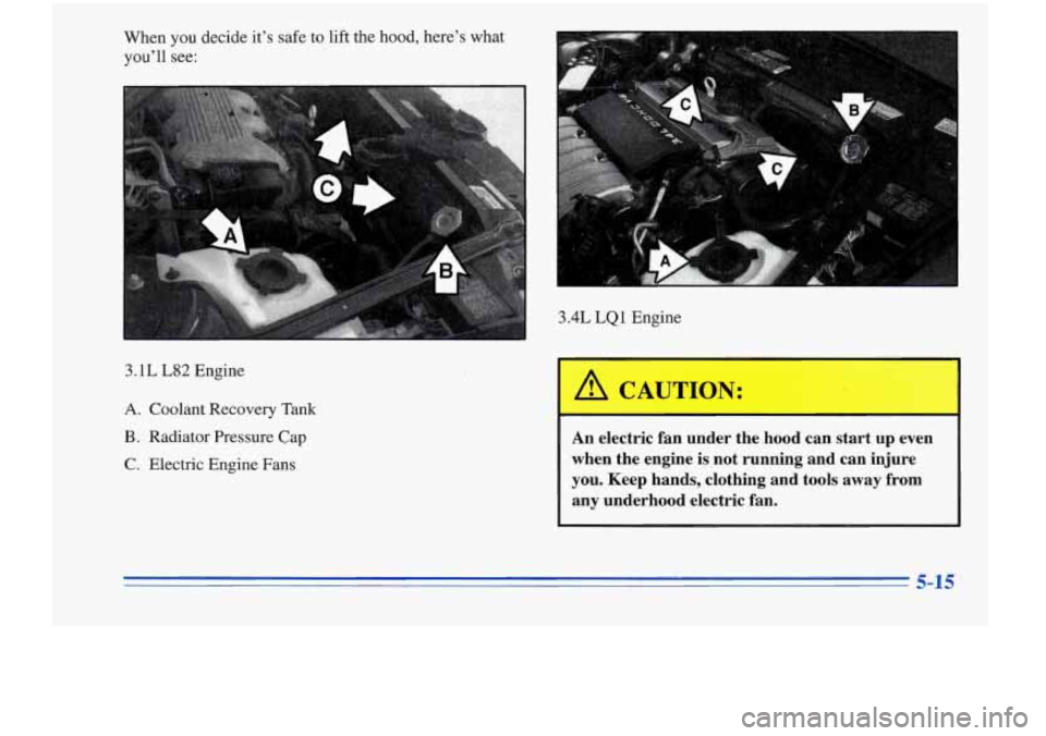 Oldsmobile Cutlass Supreme 1996  Owners Manuals When you decide it’s safe  to lift  the  hood,  here’s  what 
you’ll see: 
3.1 L L82 Engine 
A. Coolant  Recovery  Tank 
B. Radiator  Pressure Cap 
C.  Electric Engine  Fans 
I 
3.4L LQ 1 Engine