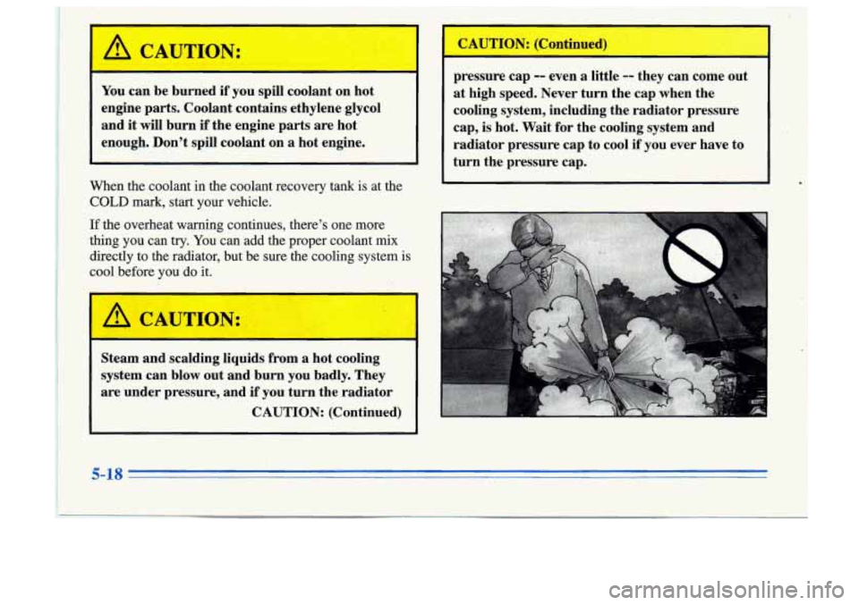 Oldsmobile Cutlass Supreme 1996  Owners Manuals You can  be  burned  if  you spill  coolant  on  hot 
engine  parts.  Coolant  contains  ethylene  glycol 
and  it will  burn 
if the engine  parts  are  hot 
enough.  Don’t spill  coolant  on 
a ho