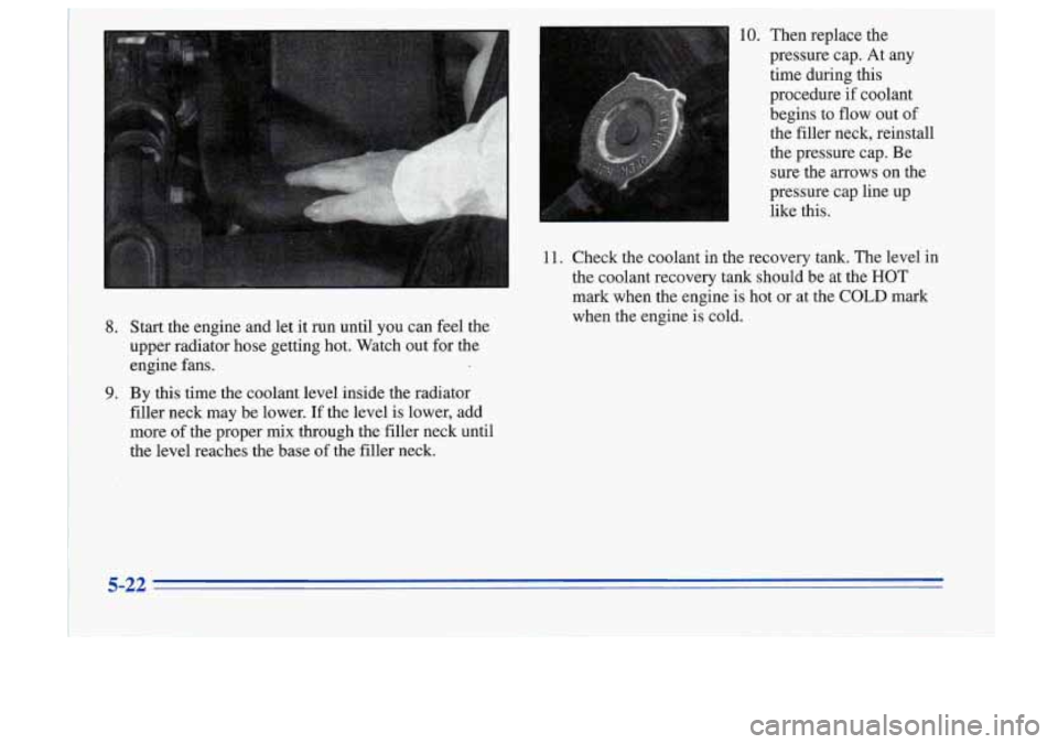 Oldsmobile Cutlass Supreme 1996  Owners Manuals 8. Start the  engine  and  let it run  until  you  can  feel the 
upper  radiator  hose  getting hot.  Watch  out  for the 
engine  fans. 
filler  neck  may  be lower.  If  the  level is lower,  add 
