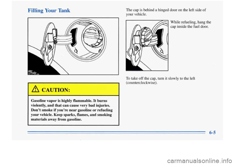 Oldsmobile Cutlass Supreme 1996 Owners Manuals Filling Your Tank The cap. is behind a hinged door on the left side of
your vehicle.
I A CAUTION:
Gasoline vapor is highly flammable. It burns
violently, and that can cause very b Oldsmobile Cutlass Supreme 1996 Owners Manuals Filling Your Tank The cap. is behind a hinged door on the left side of
your vehicle.
I A CAUTION:
Gasoline vapor is highly flammable. It burns
violently, and that can cause very b