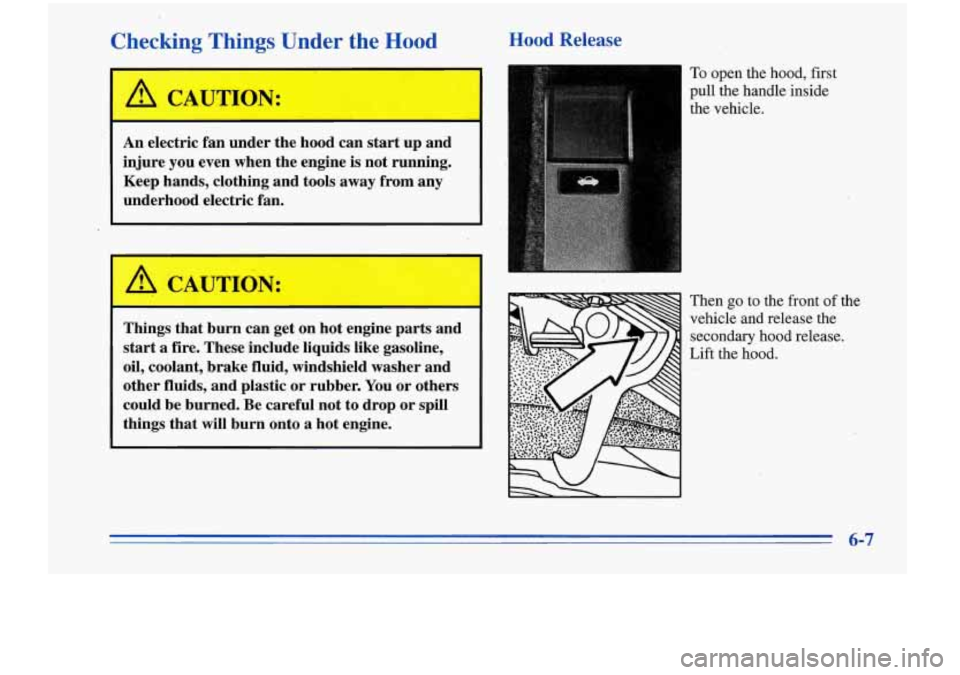 Oldsmobile Cutlass Supreme 1996  Owners Manuals Checking Things Under  the  Hood Hood Release 
A CAUTION: 
I 
I 
An electric  fan  under  the  hood can start up  and 
injure  you  even  when  the engine 
is not running. 
Keep  hands,  clothing  and