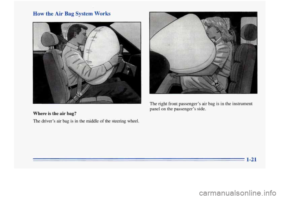 Oldsmobile Cutlass Supreme 1996  Owners Manuals How the Air Bag System Works 
L 
I 
panel on the  passenger’s  side. 
Where is the  air bag? 
The  driver’s air bag  is  in  the  middle  of the  steering  wheel.  The 
right front passenger’s a