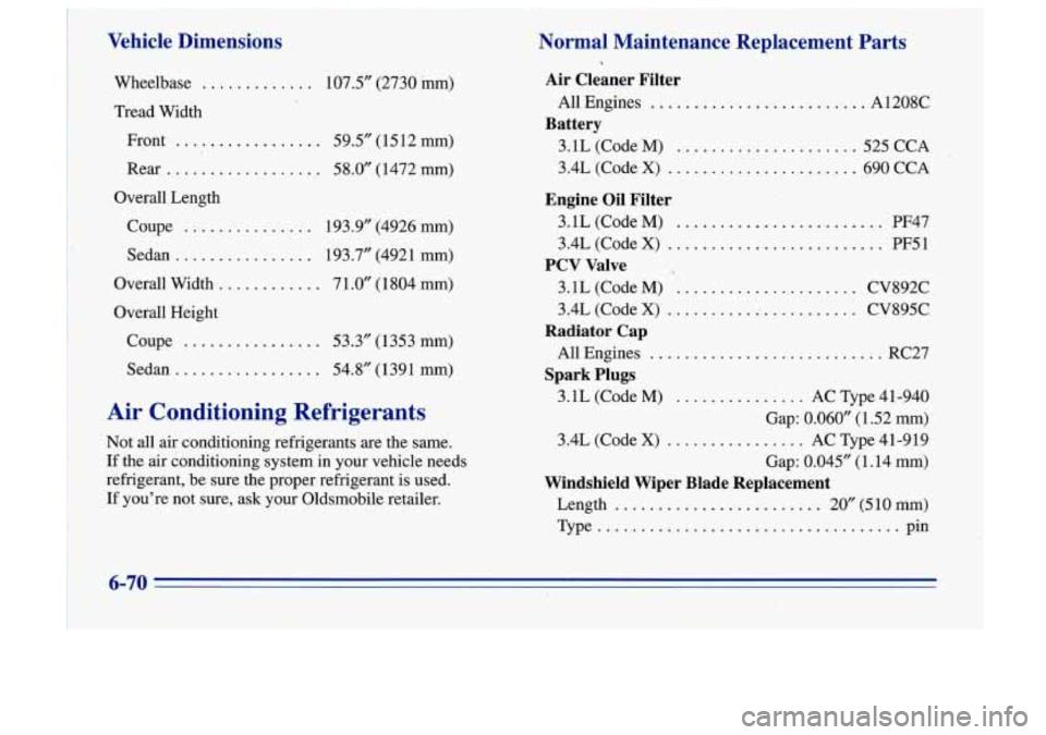 Oldsmobile Cutlass Supreme 1996  Owners Manuals Vehicle  Dimensions Normal  Maintenance  Replacement  Parts 
Wheelbase ............. 107.5”  (2730 inm) 
Tread  Width 
Front 
................. 59.5”(1512 mm) 
Rear .................. 58.0” (147