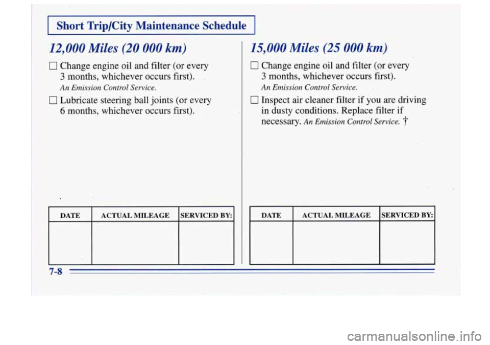 Oldsmobile Cutlass Supreme 1996  Owners Manuals I 
I I Short  Trip/City  Maintenance  Schedule I 
12,000 Miles (20 000 km) 
0 Change engine oil  and filter  (or  every 
3 months,  whichever  occurs  first). I 
0 Lubricate  steering  ball joints (or