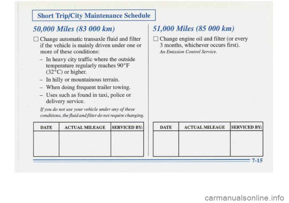 Oldsmobile Cutlass Supreme 1996  Owners Manuals  
Short  TriplCity  Maintenance  Schedule - 
50,000 Miles (83 000 km) I, 
0 Change automatic transaxle fluid and filter 
if the vehicle  is mainly  driven under one or 
I more  of these  conditions: 
