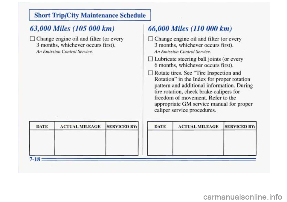 Oldsmobile Cutlass Supreme 1996 s Owners Guide I Short Trip/City Maintenance Schedule I
63,000 Miles (105 000 km)
0 Change engine oil and filter (or every
3 months, whichever occurs first).
An Emission Control Service.
66,000 Miles Oldsmobile Cutlass Supreme 1996 s Owners Guide I Short Trip/City Maintenance Schedule I
63,000 Miles (105 000 km)
0 Change engine oil and filter (or every
3 months, whichever occurs first).
An Emission Control Service.
66,000 Miles