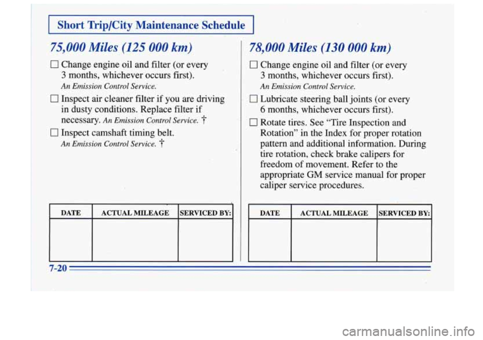 Oldsmobile Cutlass Supreme 1996 s Owners Guide I I 3
I Short Tkip/City Maintenance Schedule I
75,000 Miles (125 000 km)
0 Change engine oil and filter (or every
3 months, whichever occurs first).
An Emission Control Service.
0 In Oldsmobile Cutlass Supreme 1996 s Owners Guide I I 3
I Short Tkip/City Maintenance Schedule I
75,000 Miles (125 000 km)
0 Change engine oil and filter (or every
3 months, whichever occurs first).
An Emission Control Service.
0 In
