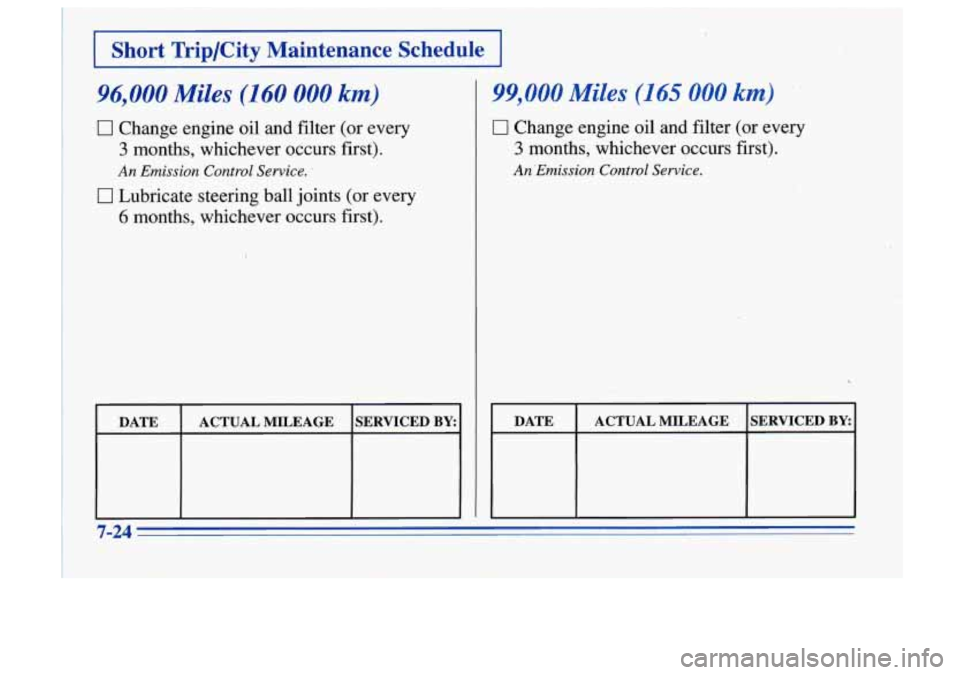 Oldsmobile Cutlass Supreme 1996  Owners Manuals 1 I 
Short  Trip/City  Maintenance  Schedule 
96,000 Miles (160 000 km) 
I I 0 Change engine oil  and filter  (or every 
3 months,  whichever  occurs  first). 
An Emission  Control Service. . 
0 Lubri