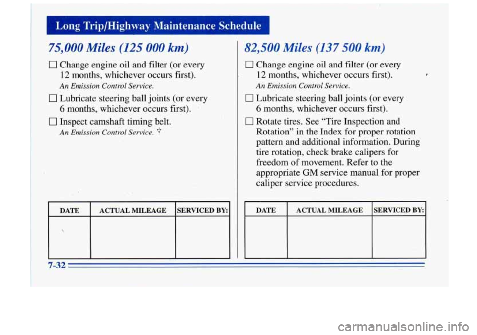 Oldsmobile Cutlass Supreme 1996  Owners Manuals I Long  Trip/Highway  Maintenance  Schedule I 
75,000 Miles (125 000 km) 
0 Change engine oil and  filter  (or every 
12 months,  whichever  occurs  first). 
An Emission Control  Service. 
~ 0 Lubrica