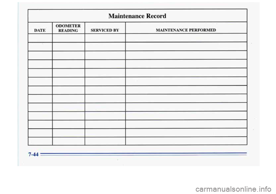 Oldsmobile Cutlass Supreme 1996  Owners Manuals Maintenance  Record 
ODOMETER 
DATE  READING  SERVICED 
BY MAINTENANCE  PERFORMED 
7-44 
I .  