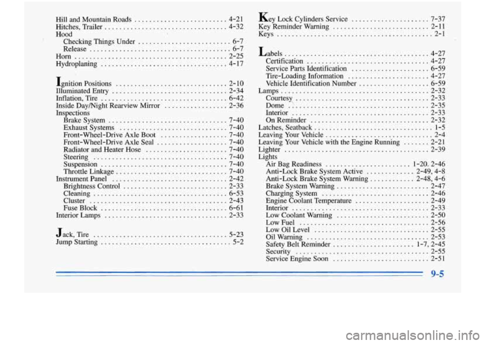 Oldsmobile Cutlass Supreme 1996  Owners Manuals Hill  and  Mountain  Roads ......................... 4-21 
Hitches.  Trailer 
................................. 4-32 
Hood  Checking  Things  Under 
......................... 6-7 
Release 
...........