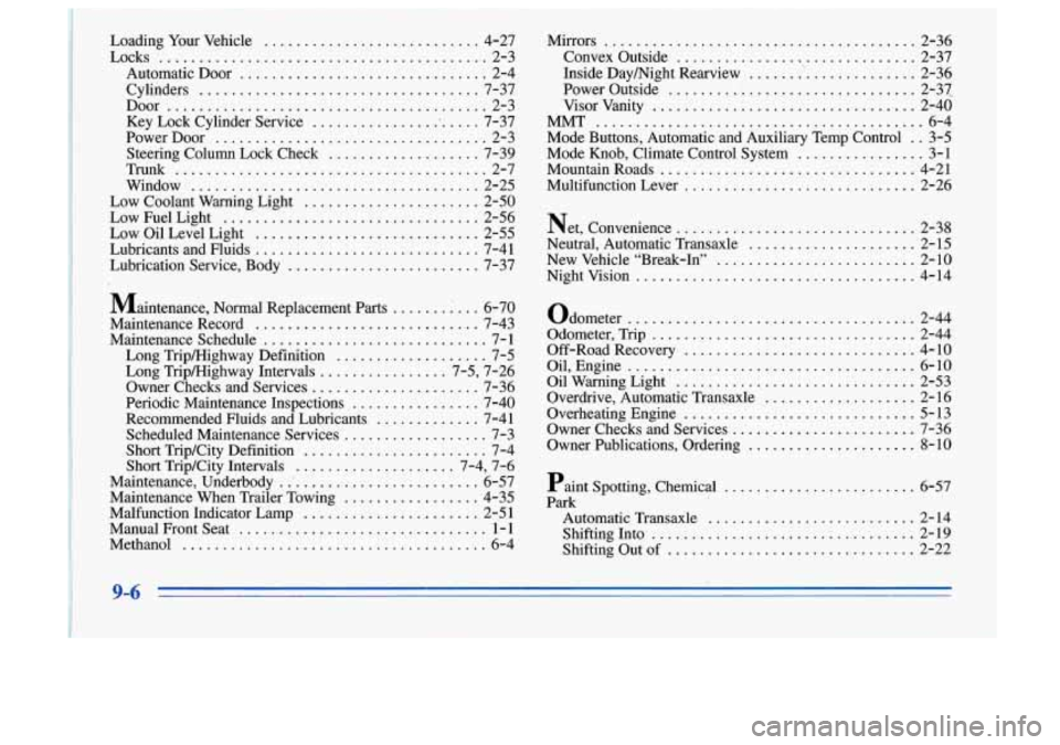 Oldsmobile Cutlass Supreme 1996  Owners Manuals I Loading Your Vehicle- ........................... 4-27 
Locks .......................................... 2-3 
Automatic  Door ................................ 2-4 
Cylihders ........................