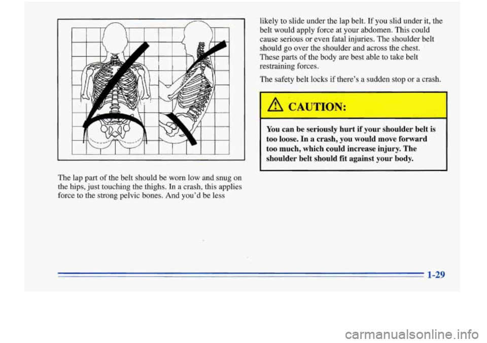 Oldsmobile Cutlass Supreme 1996  Owners Manuals The lap part  of the  belt should be  worn  low  and  snug  on 
the hips, 
just touching  the thighs. In a crash, this applies 
force  to the strong pelvic  bones.  And  you’d be less likely 
to sli