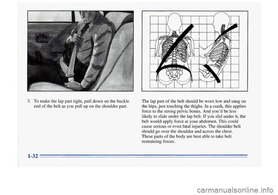 Oldsmobile Cutlass Supreme 1996  s Owners Guide 3. To make  the  lap part  tight,  pull  down  on  the  buckle 
end  of the  belt  as  you  pull  up  on  the  shoulder  part.  The 
lap  part  of the  belt  should  be  worn low and  snug  on 
the  h