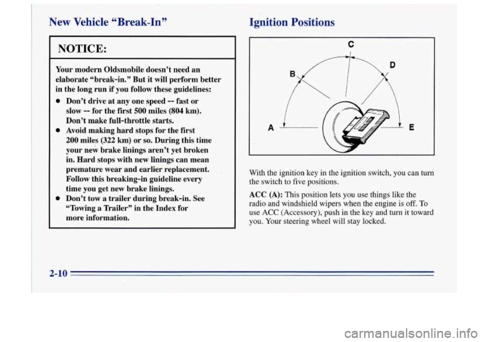 Oldsmobile Cutlass Supreme 1996  Owners Manuals New  Vehicle aBreak-In” 
NOTICE: 
Your  modern  Oldsmobile  doesn’t need an 
elaborate  “break-in.”  But 
it will  perform  better 
in  the  long run 
if you follow  these guidelines: 
0 
0 
0